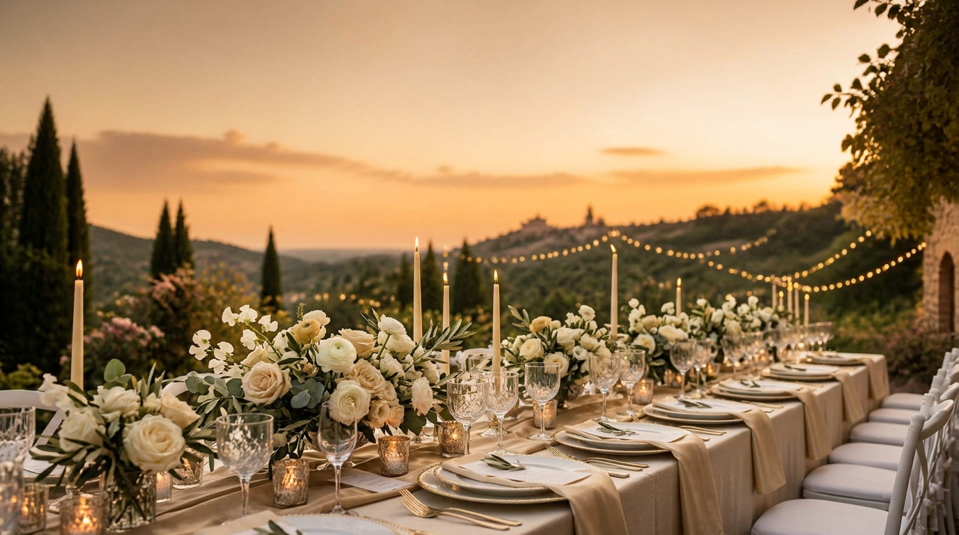 Golden hour wedding tablescape with ivory, sage, and champagne florals across a long candlelit table